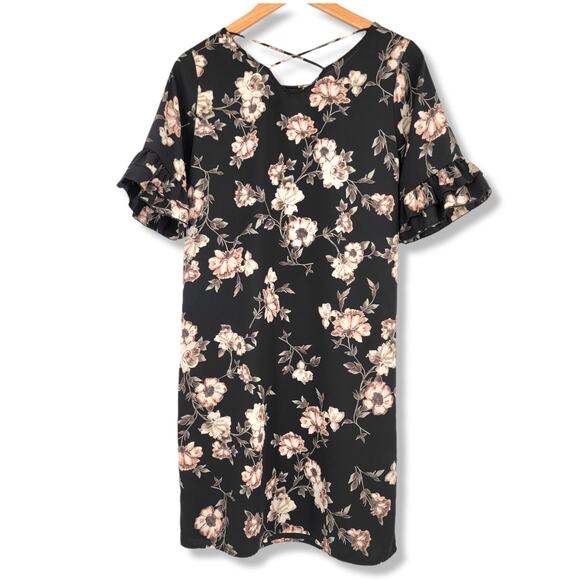 Leis Amis Black Floral Ruffle Sleeve Mini Dress‎ Size Small - Picture 2 of 10